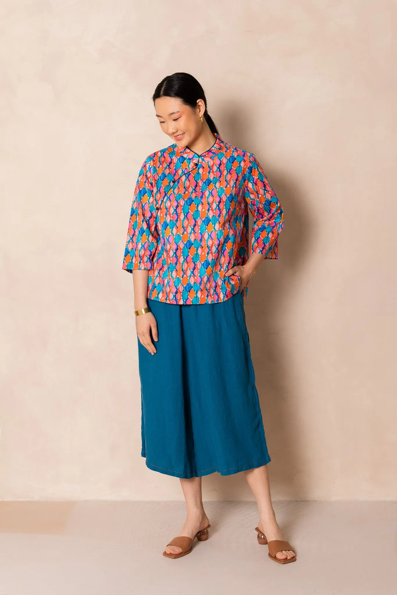 Water Colour Geometric Print 3/4 Sleeve Cheongsam Top