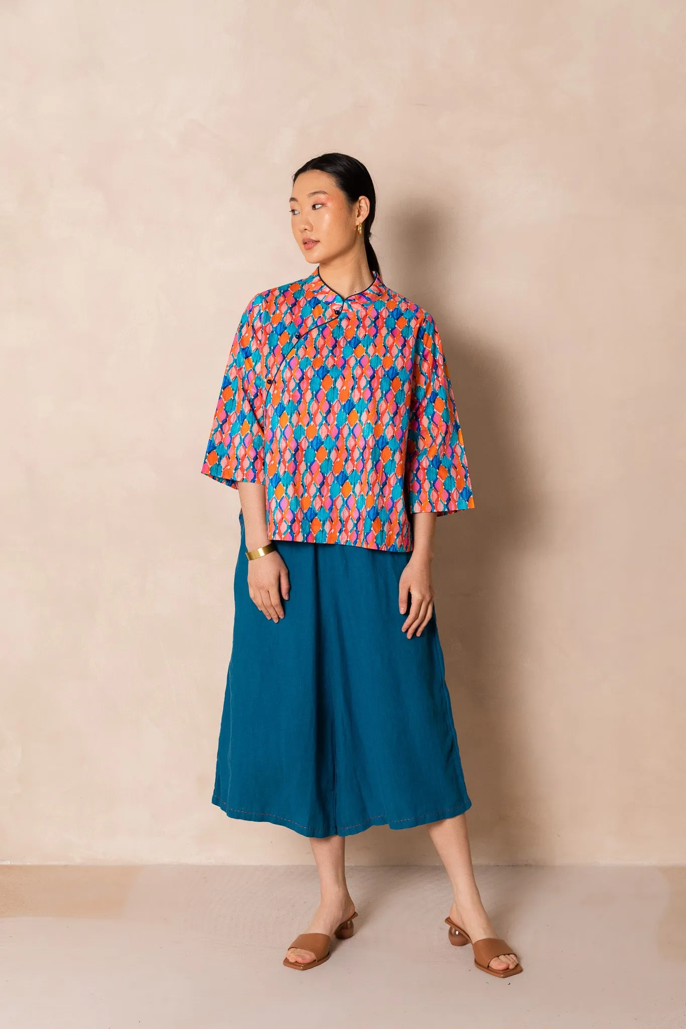 Water Colour Geometric Print 3/4 Sleeve Cheongsam Top