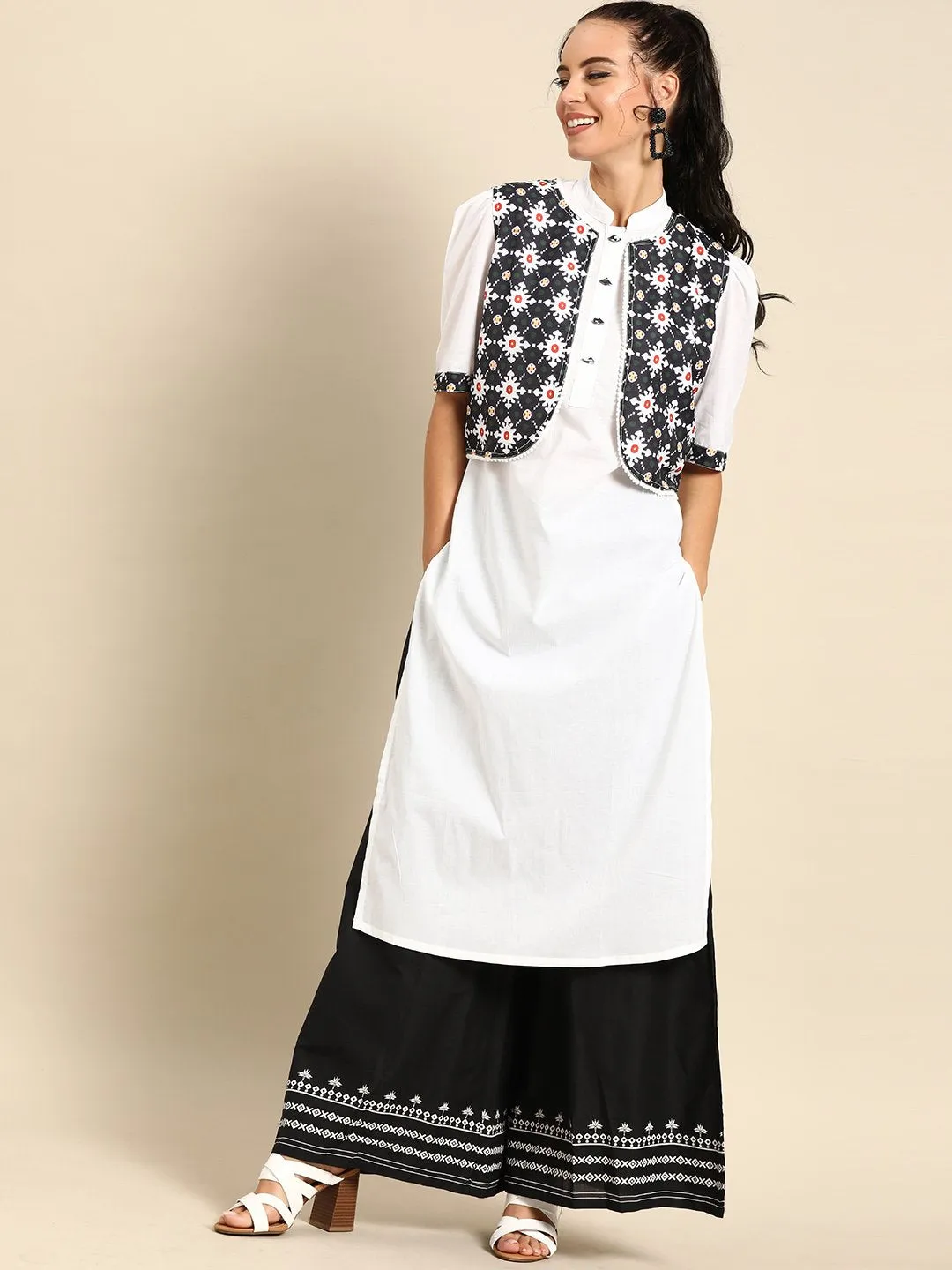 Women White Calf Length Short Sleeves Straight Solid Cotton Kurta With Jacket