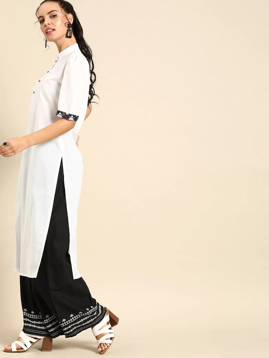 Women White Calf Length Short Sleeves Straight Solid Cotton Kurta With Jacket