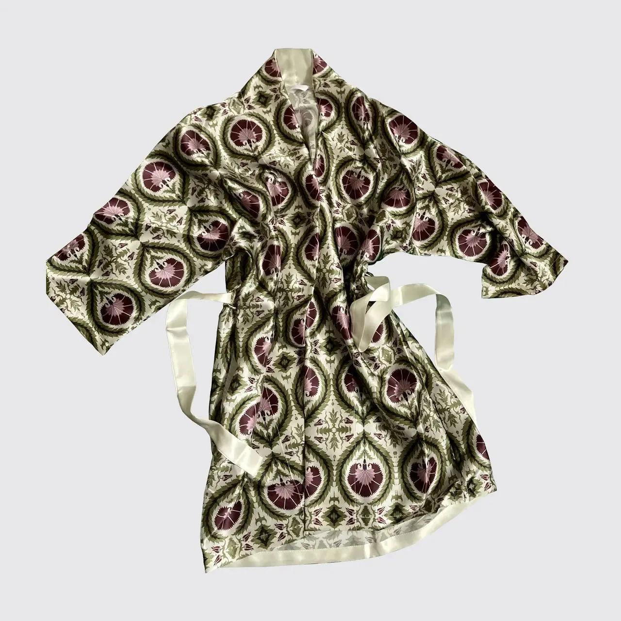 Wreath Acanthus Purple and Green Kimono Silk Robe