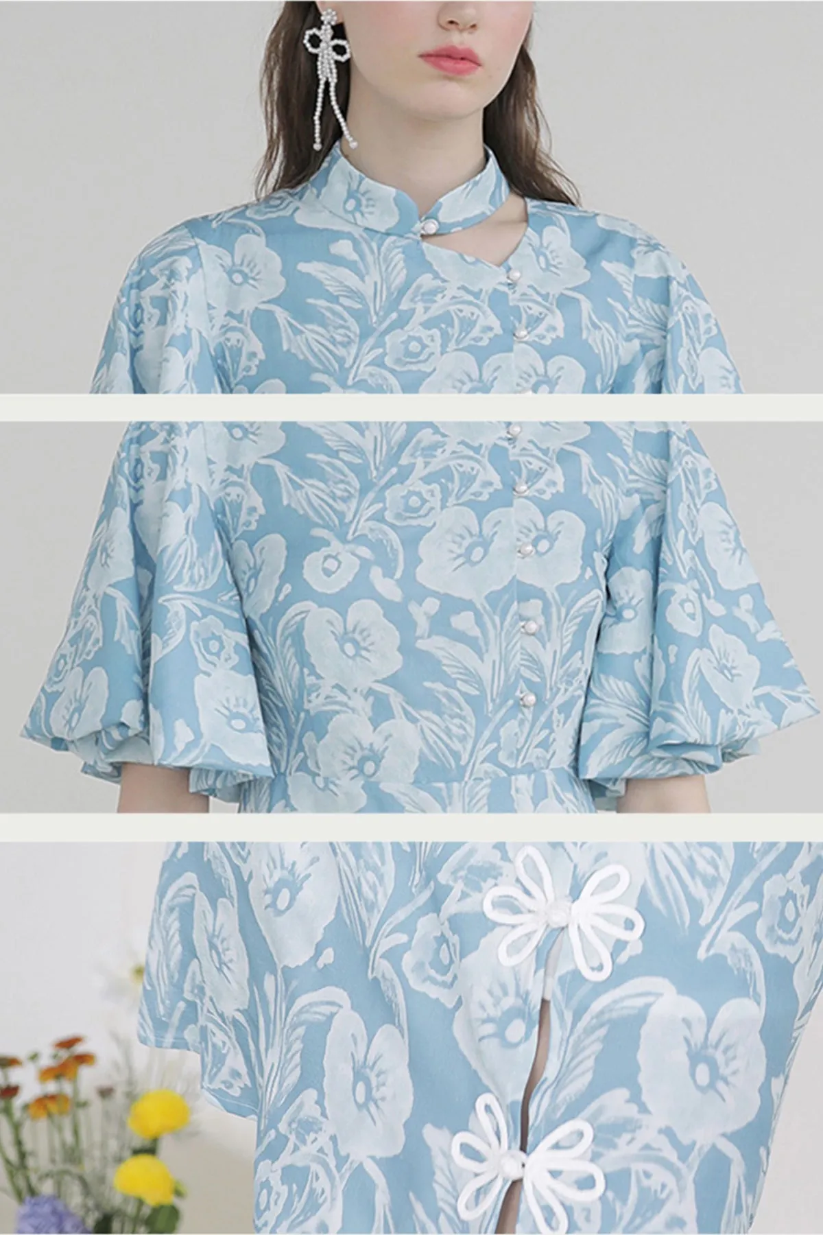 XUNRUO | Light Blue Floral Improved Cheongsam Dress