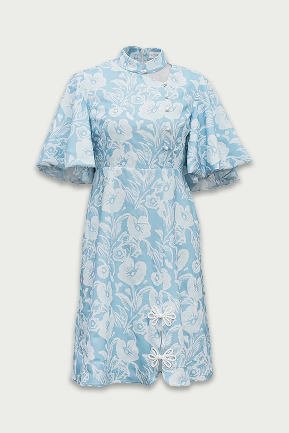 XUNRUO | Light Blue Floral Improved Cheongsam Dress