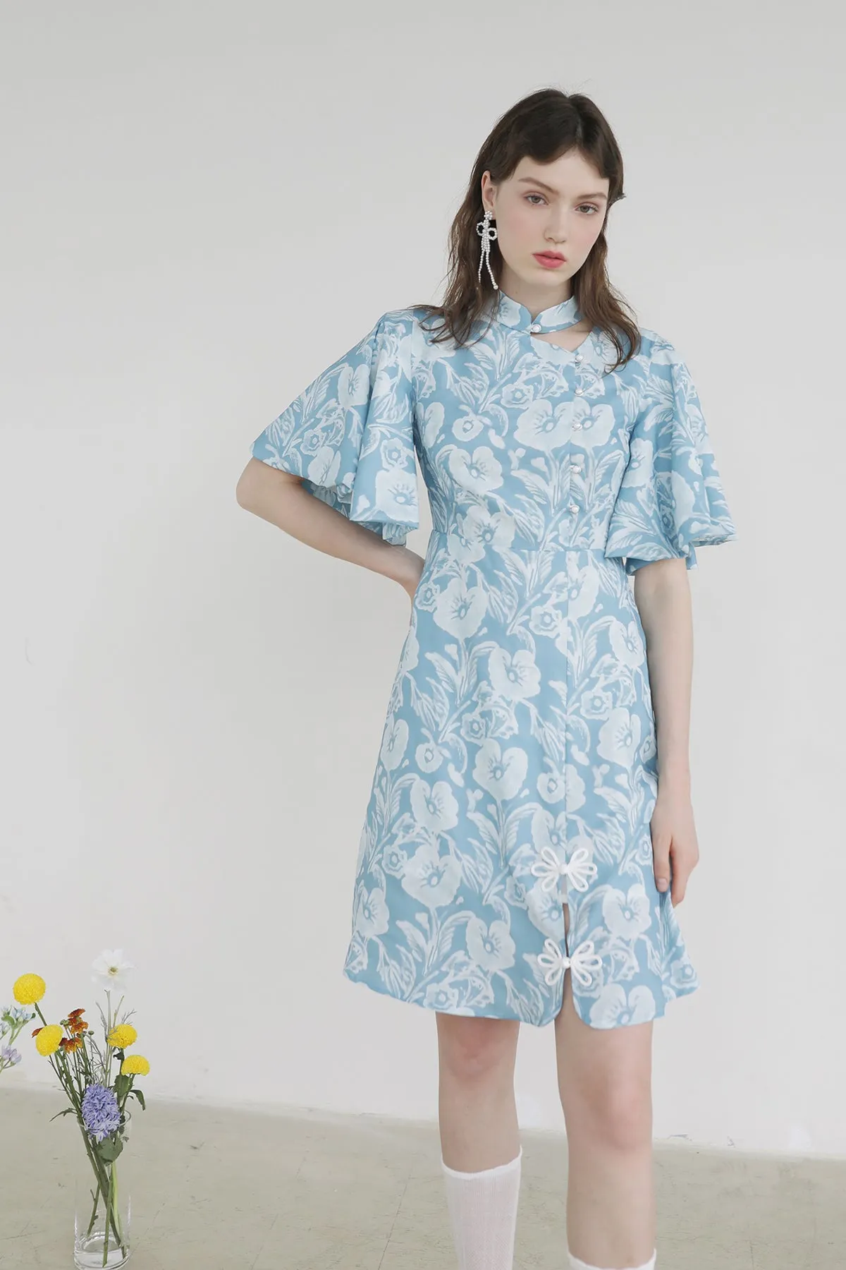 XUNRUO | Light Blue Floral Improved Cheongsam Dress