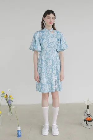 XUNRUO | Light Blue Floral Improved Cheongsam Dress