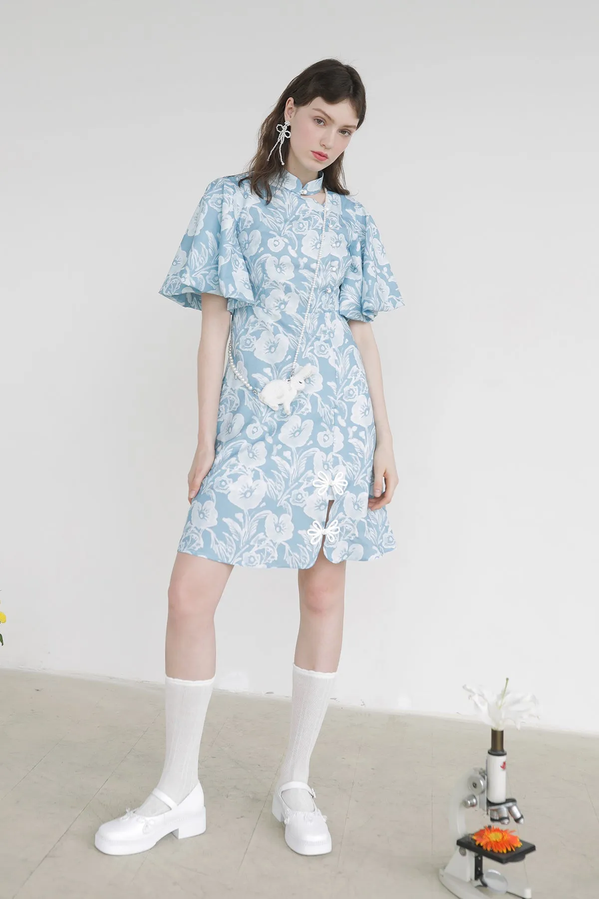 XUNRUO | Light Blue Floral Improved Cheongsam Dress