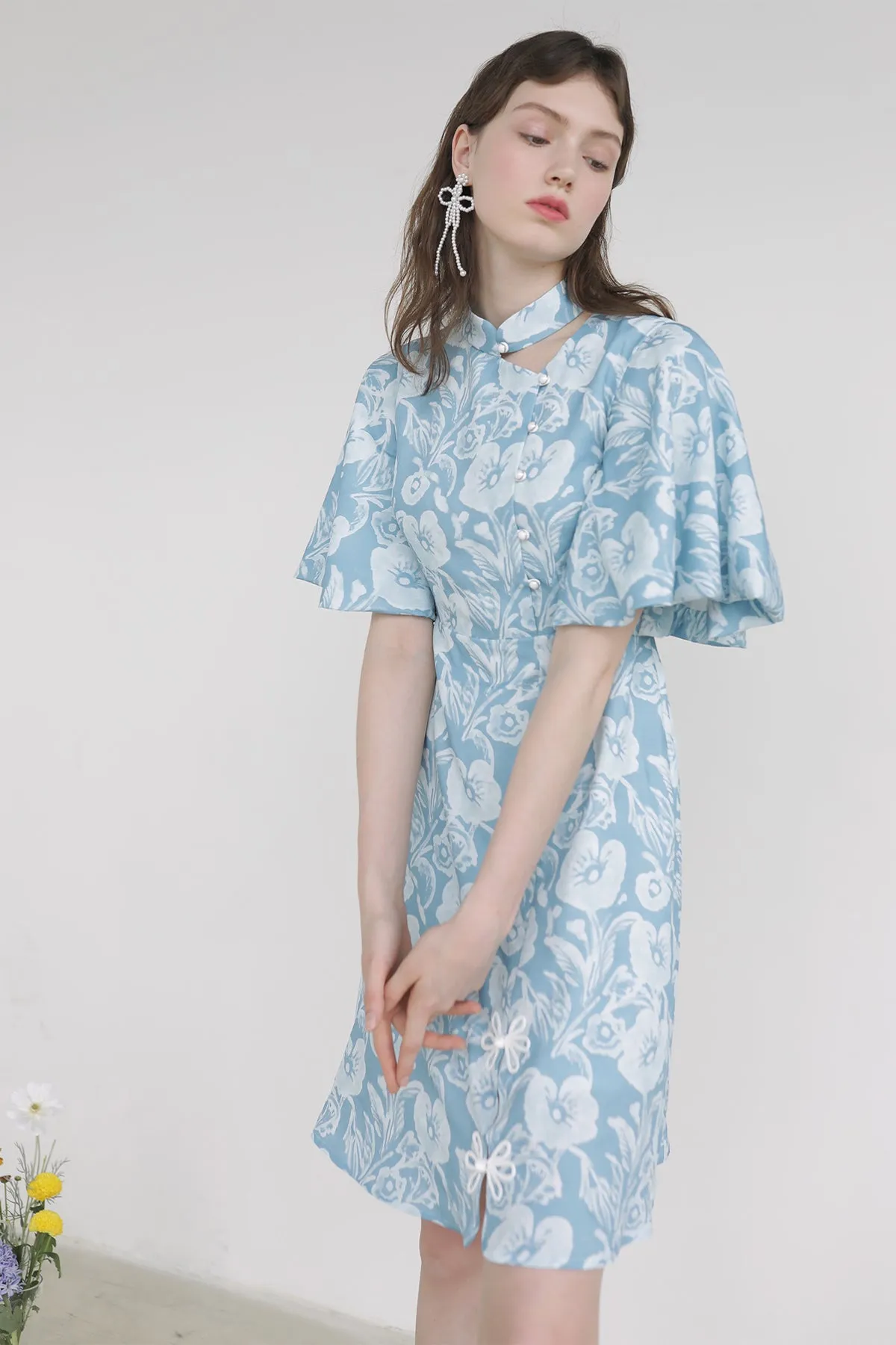 XUNRUO | Light Blue Floral Improved Cheongsam Dress